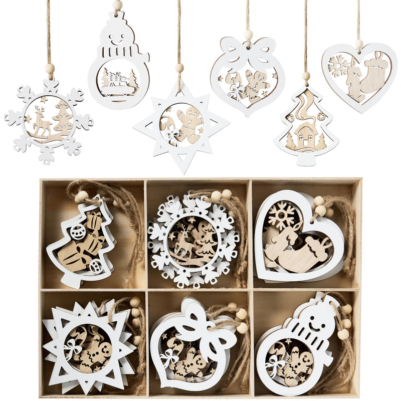 24 Pcs Christmas Wooden Carved Hanging Ornaments for Christmas Decor