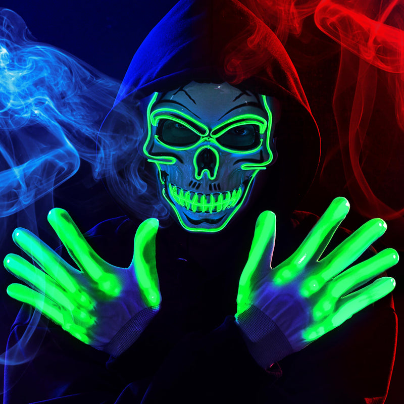Halloween LED Skull Mask with Light Up Gloves, Green