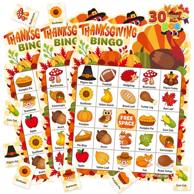 30 PCS Thanksgiving Bingo Game Cards for Kids Family Activities