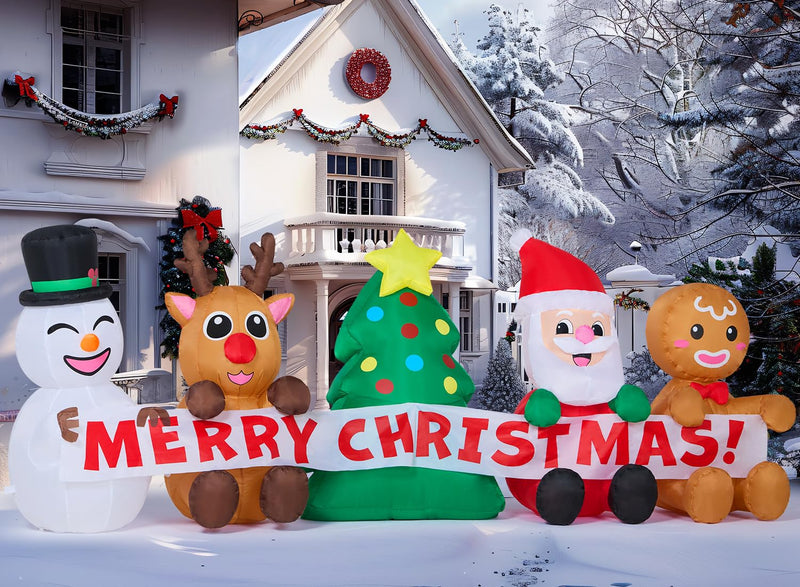 8 FT Long Christmas Inflatable Decoration Four Xmas Characters and Christmas Tree