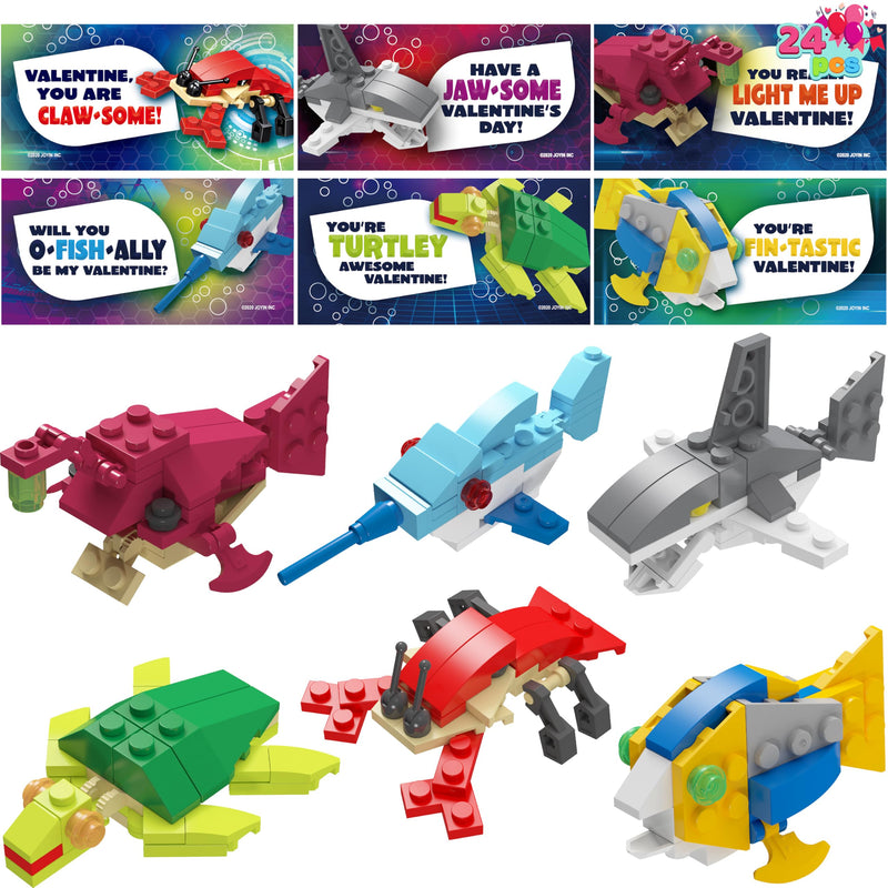 24 Packs Valentines Day Cards with Sea Animal Building Blocks for Gifts Party Favor