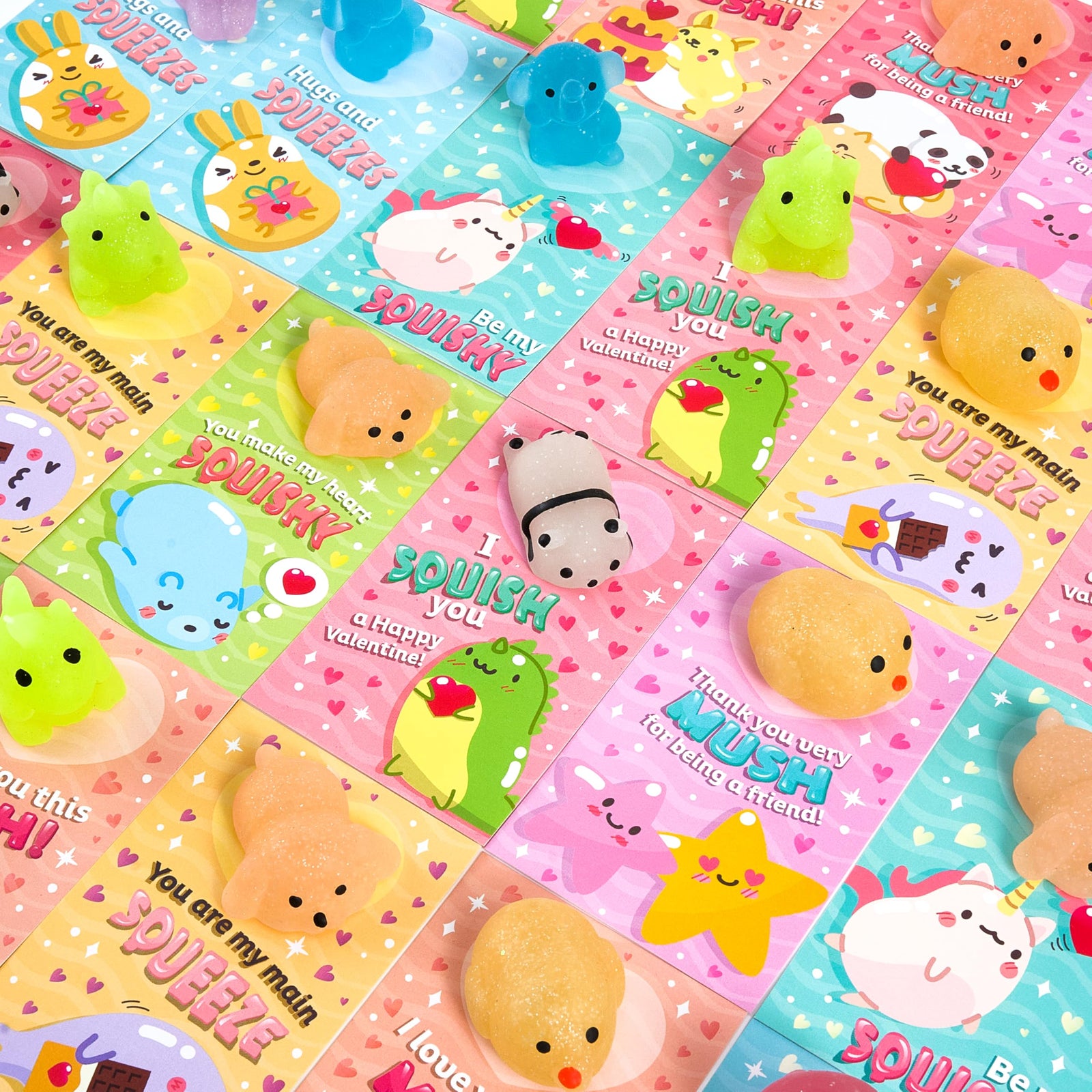 28 Packs Valentine's Day Gift Cards with Glitter Mochi Squishy Toys