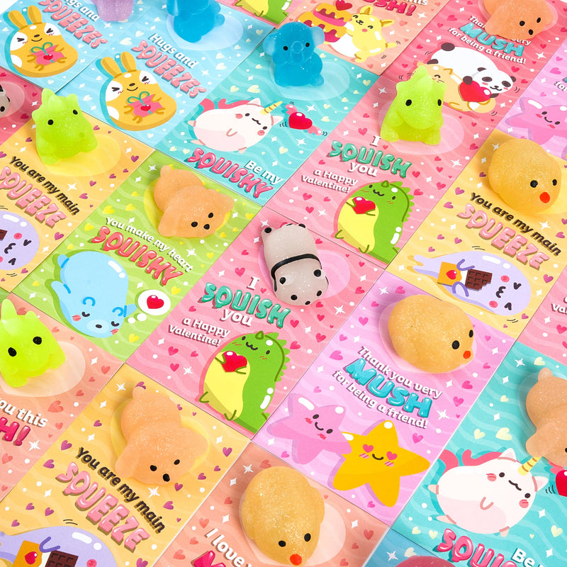 28 Packs Valentine's Day Gift Cards with Glitter Mochi Squishy Toys
