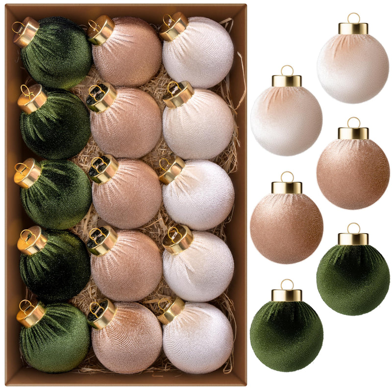 15 Pcs Christmas Velvet Ball Ornaments Set, 2.36'' Green Brown Neutral