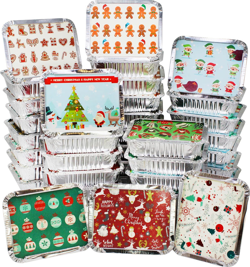 48 Pieces Christmas Foil Containers with Lids (8.5"x6"x2" Rectangular)