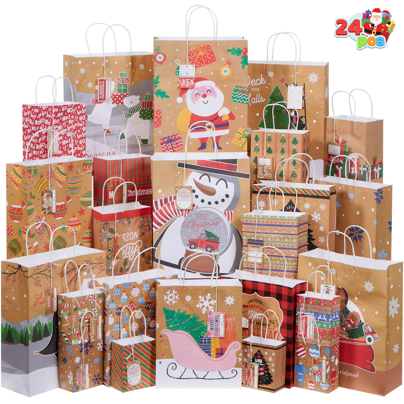 24 PCS Christmas Kraft Bag Assorted Sizes Xmas Gift Paper Bags