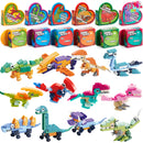 12 Packs Valentines Dinosaur Building Blocks Toys with Heart Boxes for Valentine Party Favors