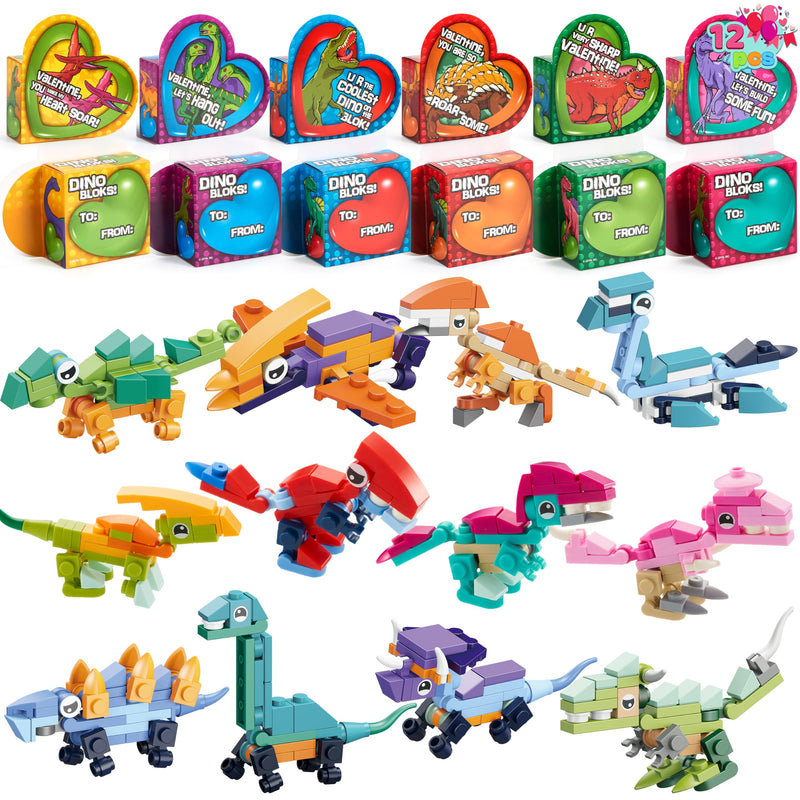 12 Packs Valentines Dinosaur Building Blocks Toys with Heart Boxes for Valentine Party Favors