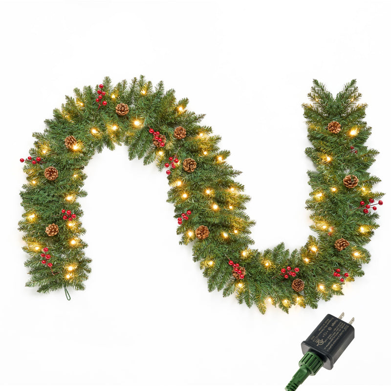 9FT Artificial Christmas Garland with Pine Cones and Red Berries