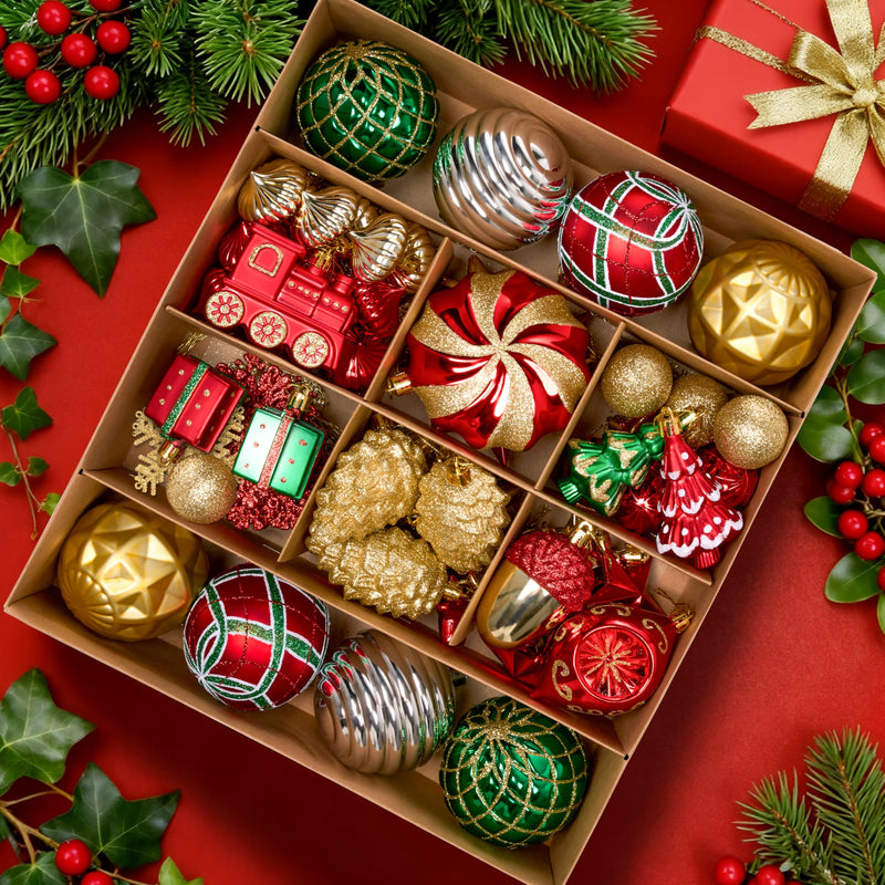 82 Pcs Assorted Christmas Ornaments Ball Set, 3.15'' Red Gold Green Deluxe