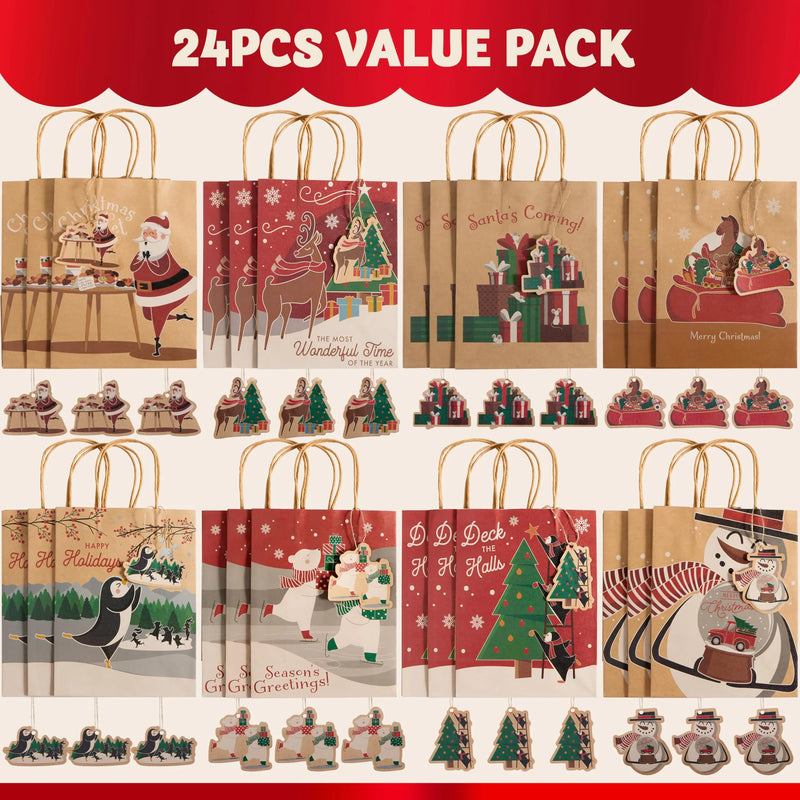 24 PCS Christmas Gift Bags 7" x 9" x 3.5" Kraft Paper Bags
