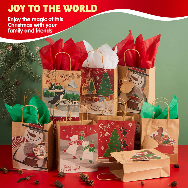 24 PCS Christmas Gift Bags 7" x 9" x 3.5" Kraft Paper Bags