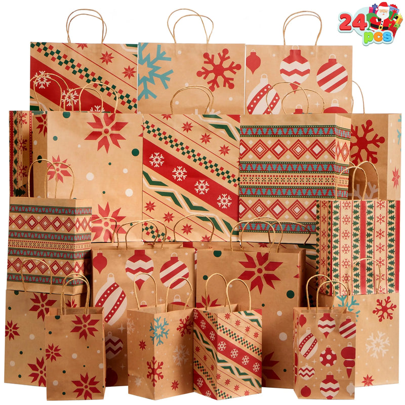 24 PCS Christmas Kraft Gift Bags with Festive Designs