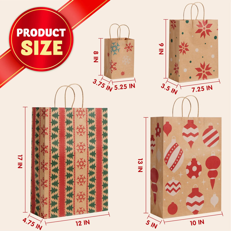24 PCS Christmas Kraft Gift Bags with Festive Designs