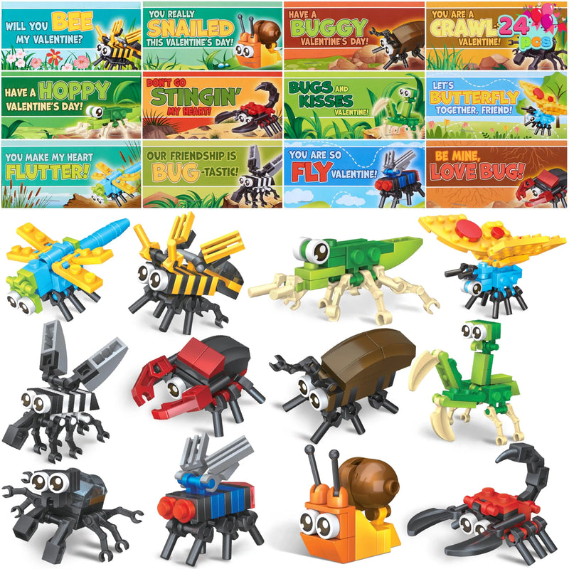 24 Packs Valentines Party Gift Cards with Insect Building Block for Kids Classroom Exchange