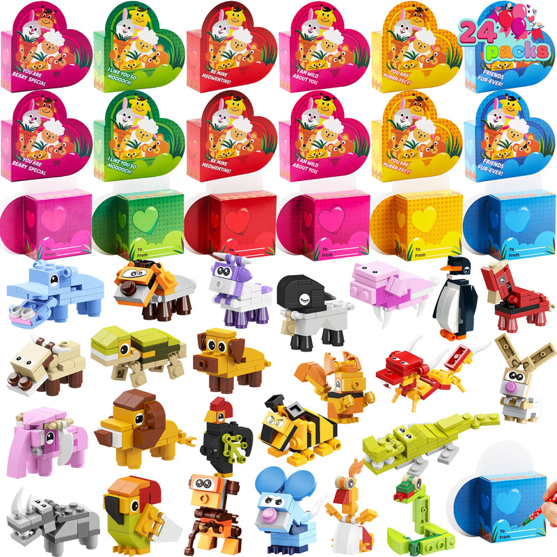 Animal Building Blocks Valentines Heart Boxes Filled for Kids Valentines Cards