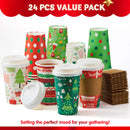 24Pcs 16 oz 6 Designs Christmas Disposable Paper Cups With Cup Sleeves and Lids