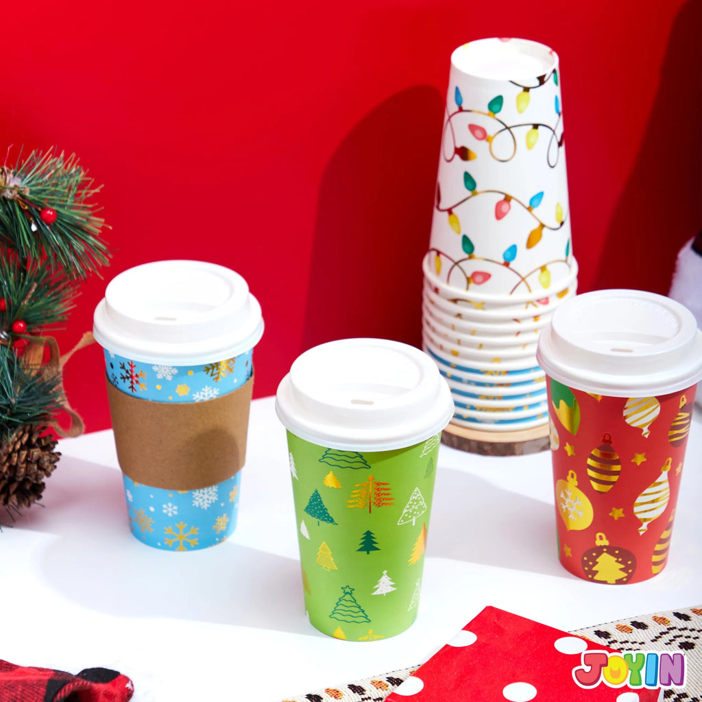 24pcs 16 oz 6 Designs Christmas Disposable Paper Cups with Cup Sleeves and Lids