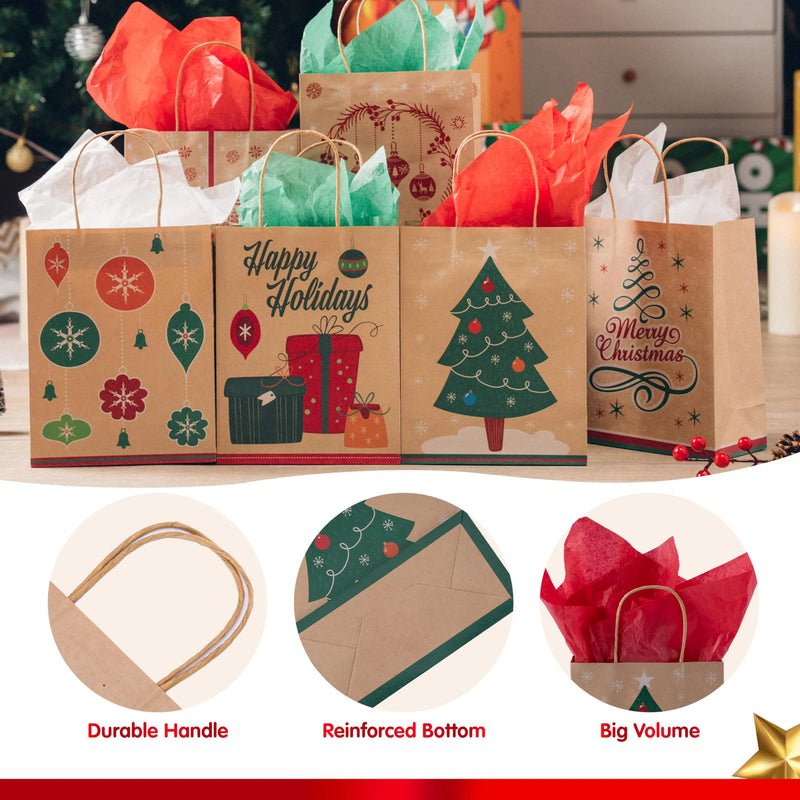 24Pcs 6 Designs Christmas Gift Bags Kraft Foil 7x9x3.5in