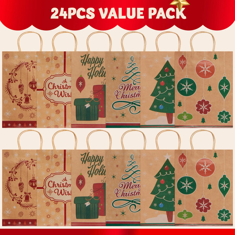 24Pcs 6 Designs Christmas Gift Bags Kraft Foil 7x9x3.5in