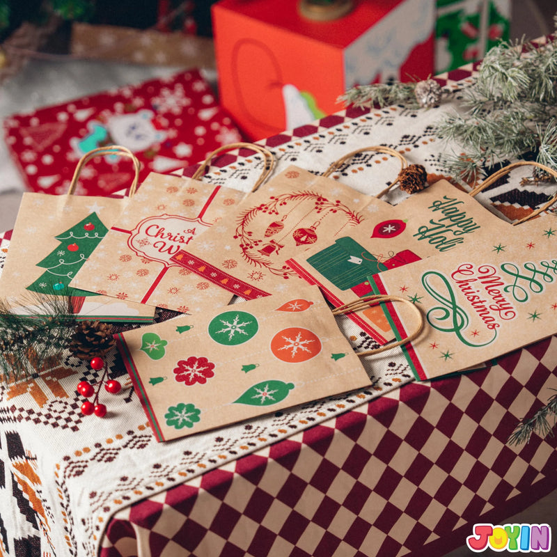 24Pcs 6 Designs Christmas Gift Bags Kraft Foil 7x9x3.5in