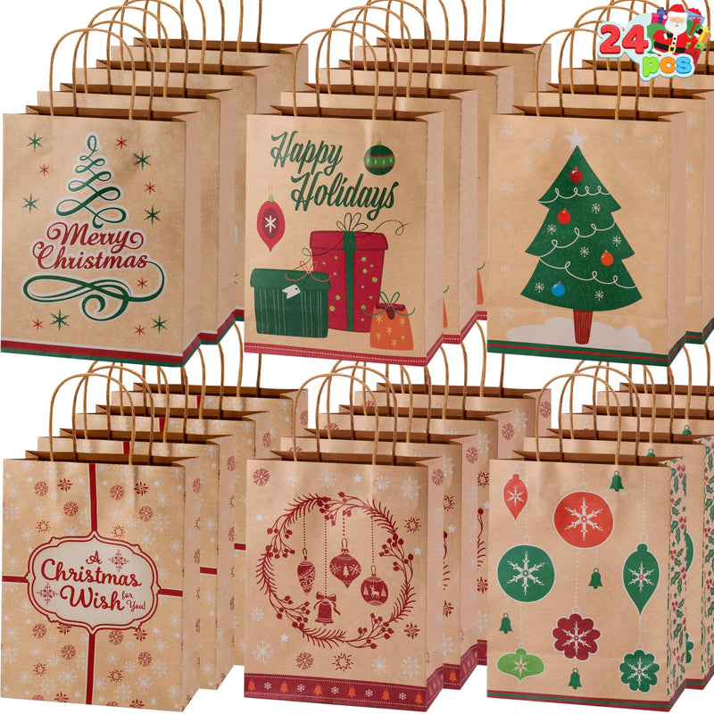 24Pcs 6 Designs Christmas Gift Bags Kraft Foil 7x9x3.5in