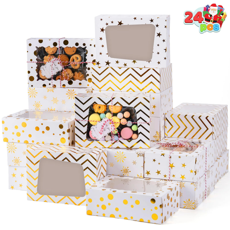 24 Pcs Christmas Cookie Boxes, Gold Foil Treat Boxes with Windows 9 "x 6.2" x 3 "