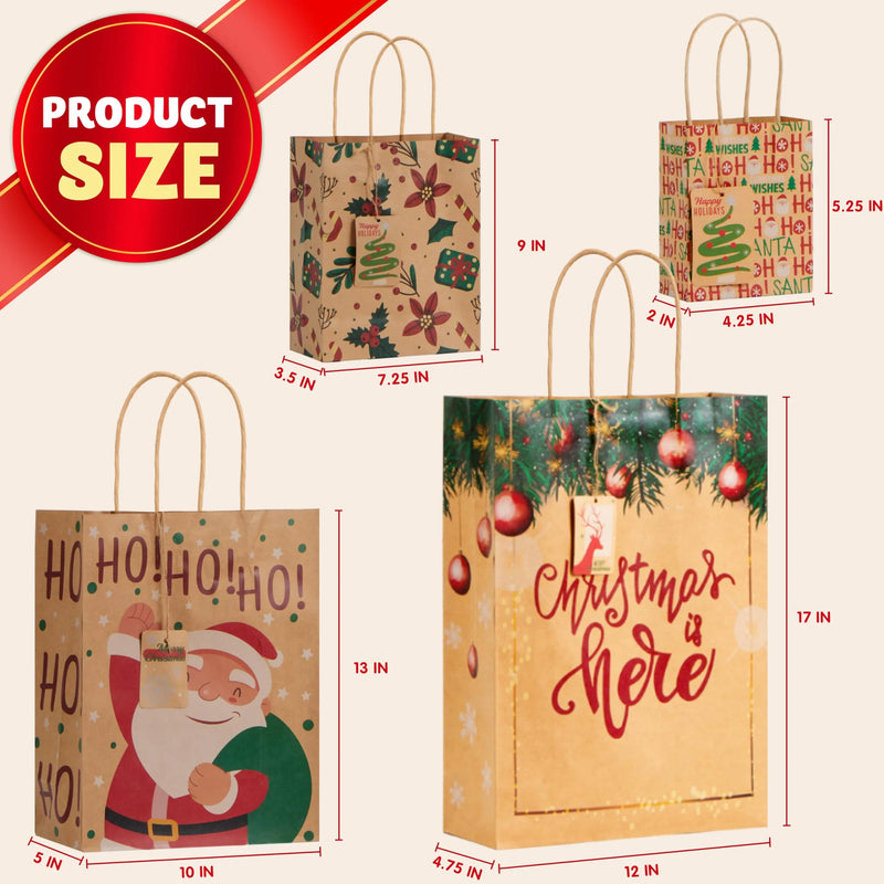 24Pcs Christmas Kraft Paper Gift Bags Assorted Sizes Set