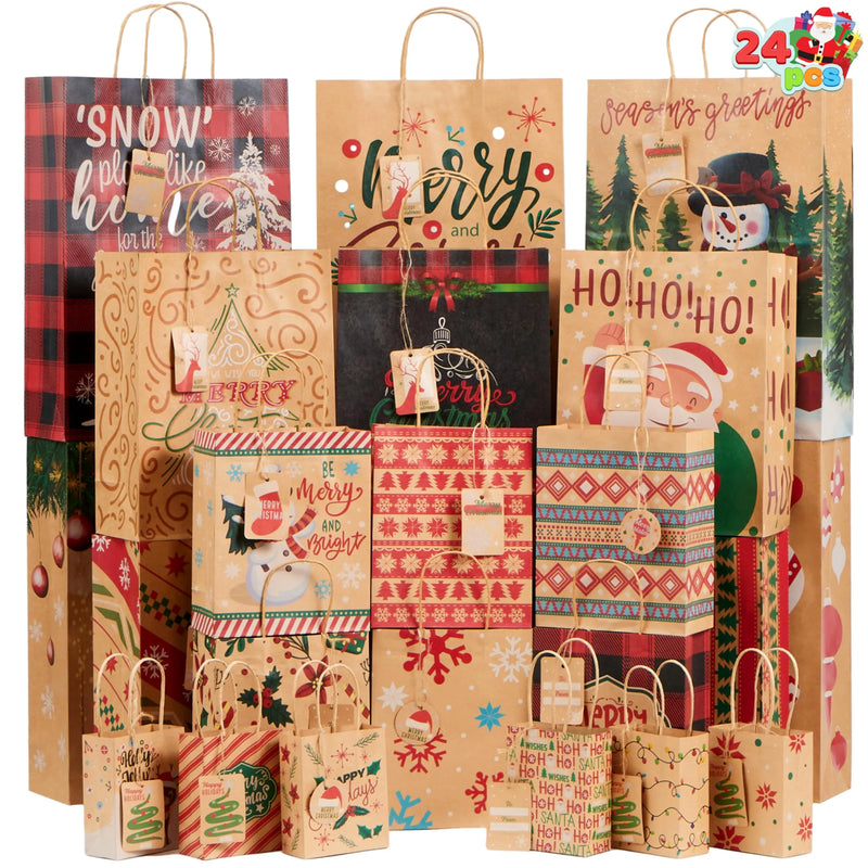 24Pcs Christmas Kraft Paper Gift Bags Assorted Sizes Set