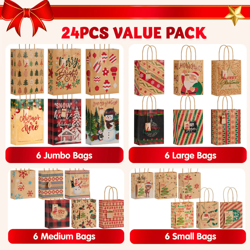 24Pcs Christmas Kraft Paper Gift Bags Assorted Sizes Set