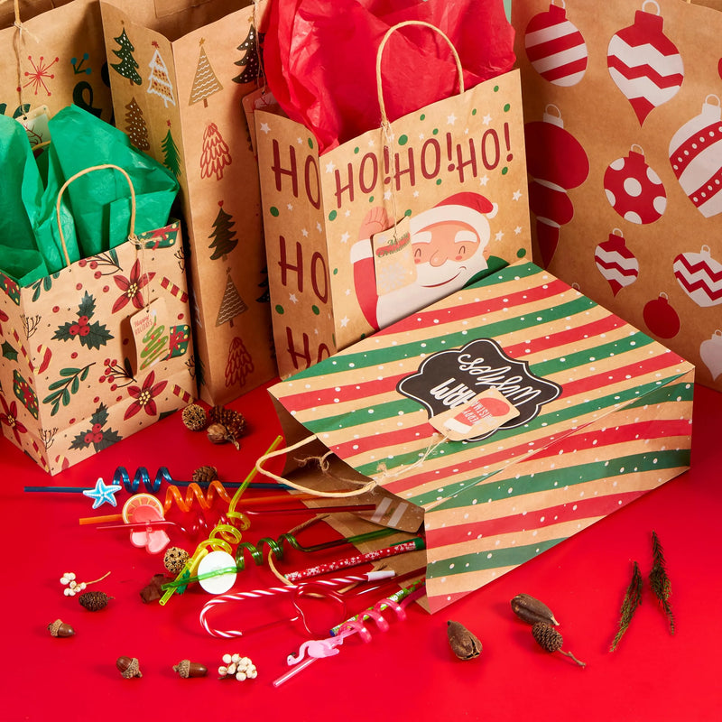 24Pcs Christmas Kraft Paper Gift Bags Assorted Sizes Set