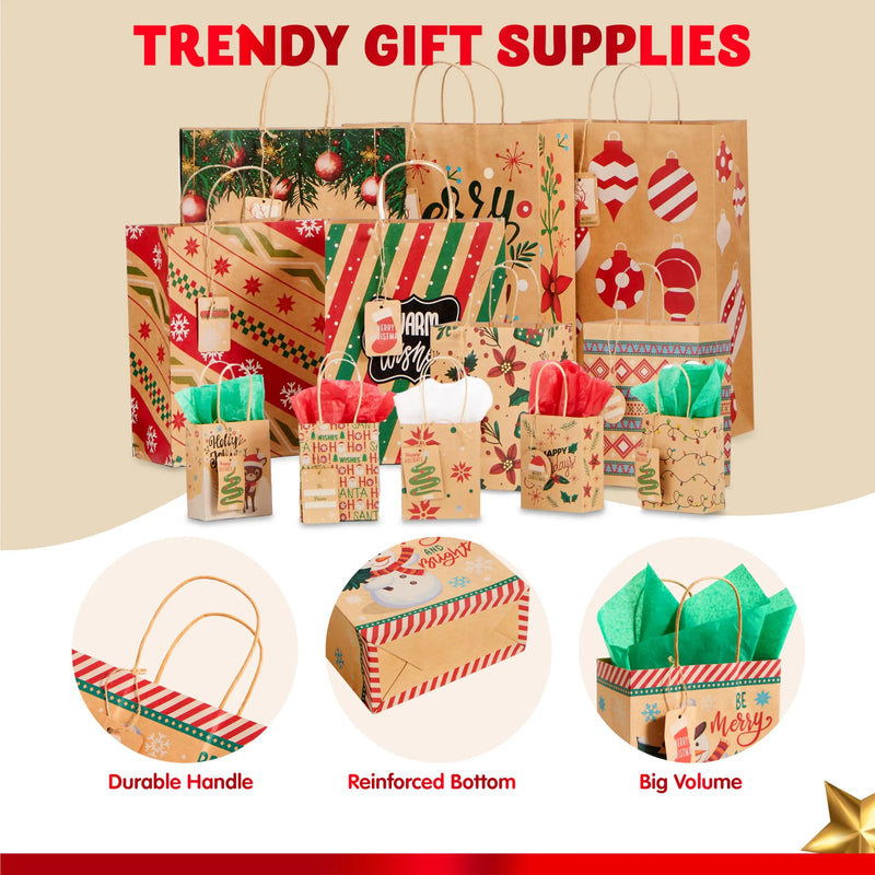 24Pcs Christmas Kraft Paper Gift Bags Assorted Sizes Set