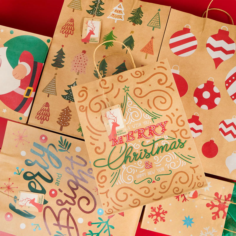 24Pcs Christmas Kraft Paper Gift Bags Assorted Sizes Set