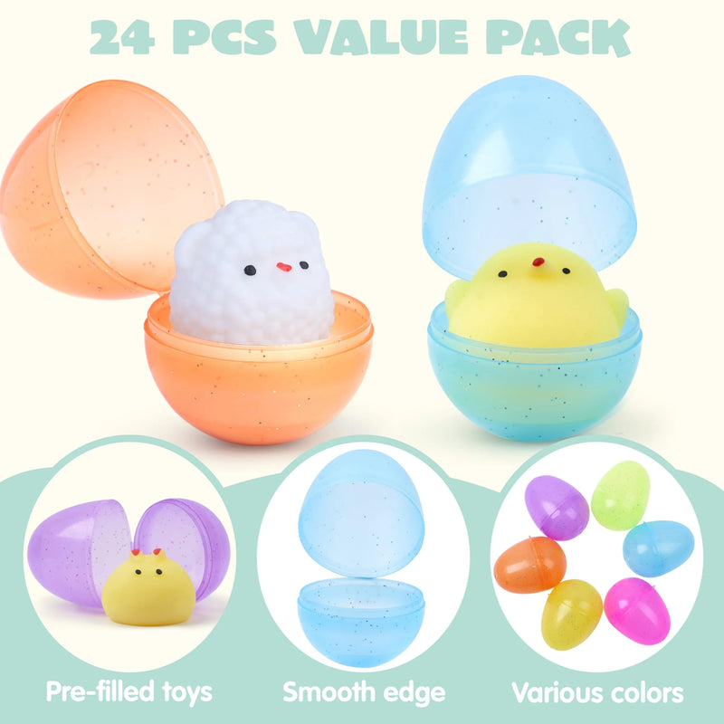 24Pcs Easter Glitter Transparent Prefilled Eggs with Mochi for Easter Egg Hunt