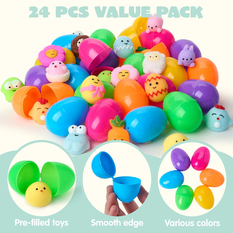 24Pcs Mochi Squishy Toy Prefilled Easter Eggs, Squeeze Toy Fillers for Easter Egg Hunt