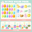 24Pcs Prefilled Easter Eggs with Mochi and pop Bubble Keychains for Kids to Egg Hunt