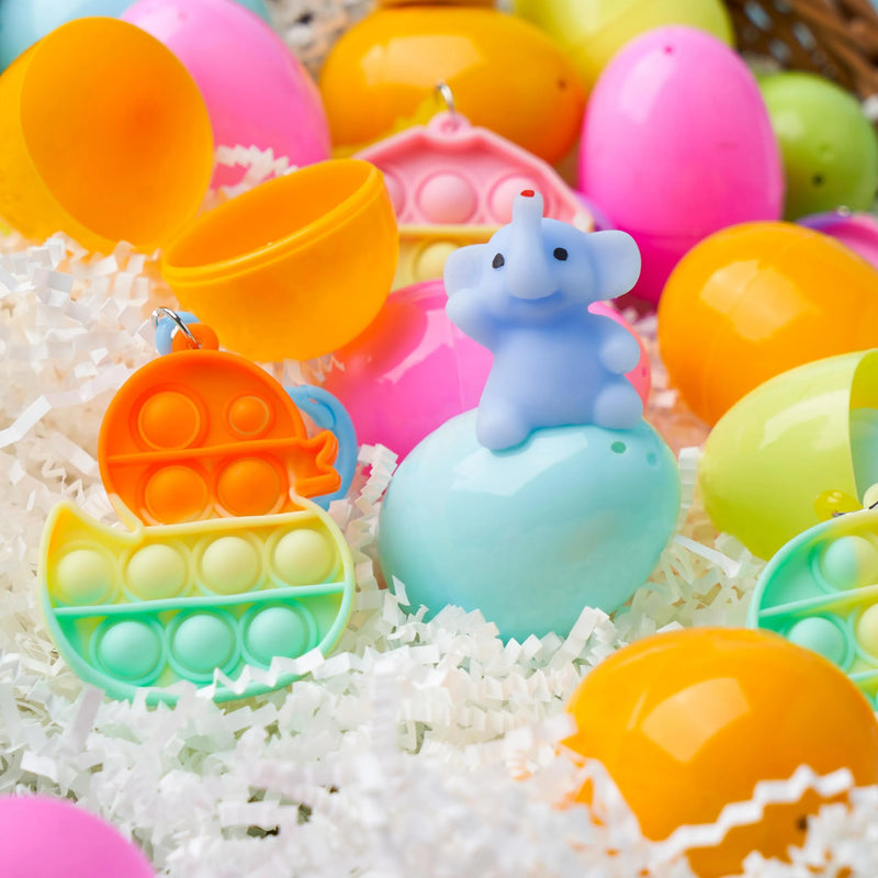 24Pcs Prefilled Easter Eggs with Mochi and pop Bubble Keychains for Kids to Egg Hunt