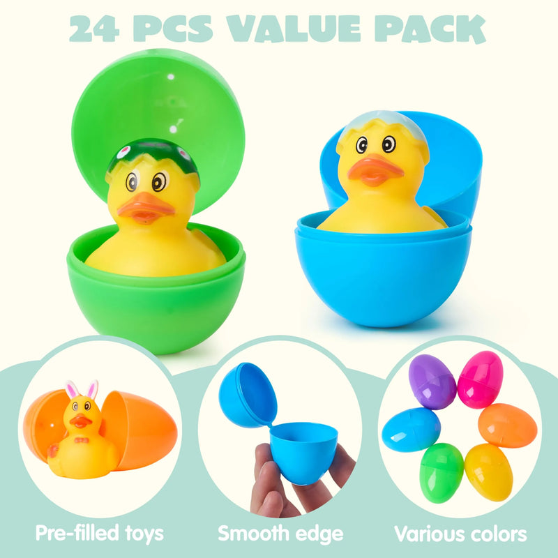 JOYIN 12 PCs Filled Easter Eggs With Rubber Duck Duckies, Bright Colorful Easter Eggs Prefilled With Variety Of Yellow Duckies For Fun Bath