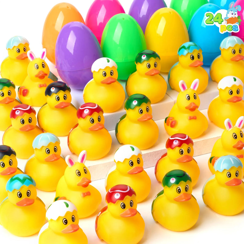 24Pcs Prefilled Easter Eggs with Rubber Ducks, Variety Duckies for Easter Egg Hunt