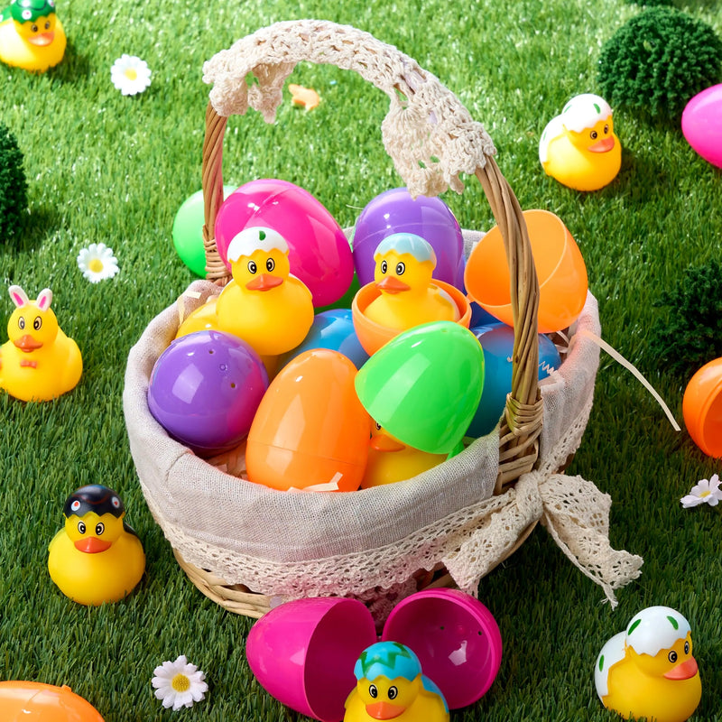 24Pcs Prefilled Easter Eggs with Rubber Ducks, Variety Duckies for Easter Egg Hunt