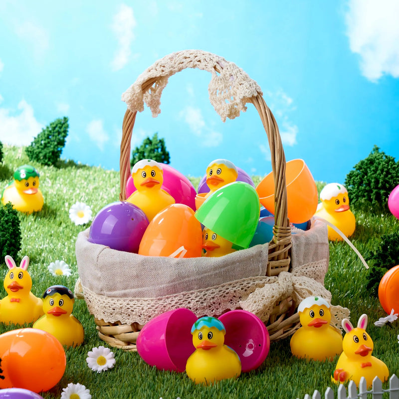 24Pcs Prefilled Easter Eggs with Rubber Ducks, Variety Duckies for Easter Egg Hunt