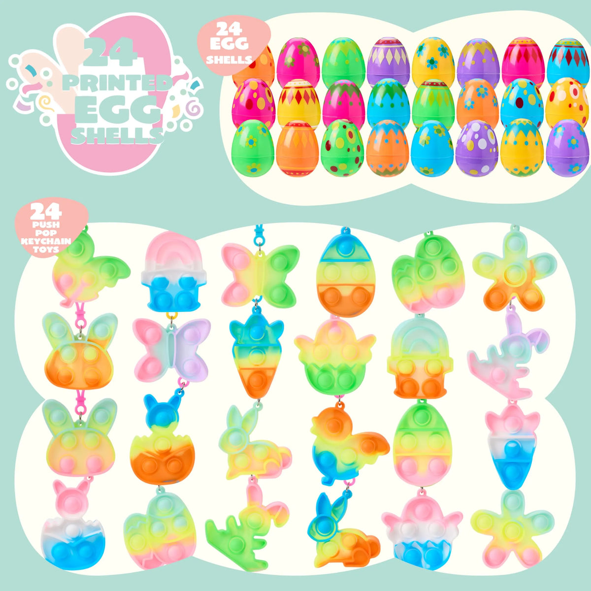 24Pcs Prefilled Printed Eggs with Pop Keychain Fidget for Easter Egg H