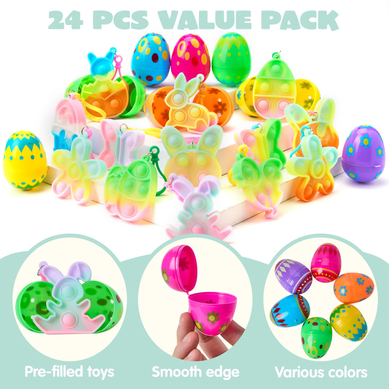 24Pcs Prefilled Printed Eggs with Pop Keychain Fidget for Easter Egg Hunt