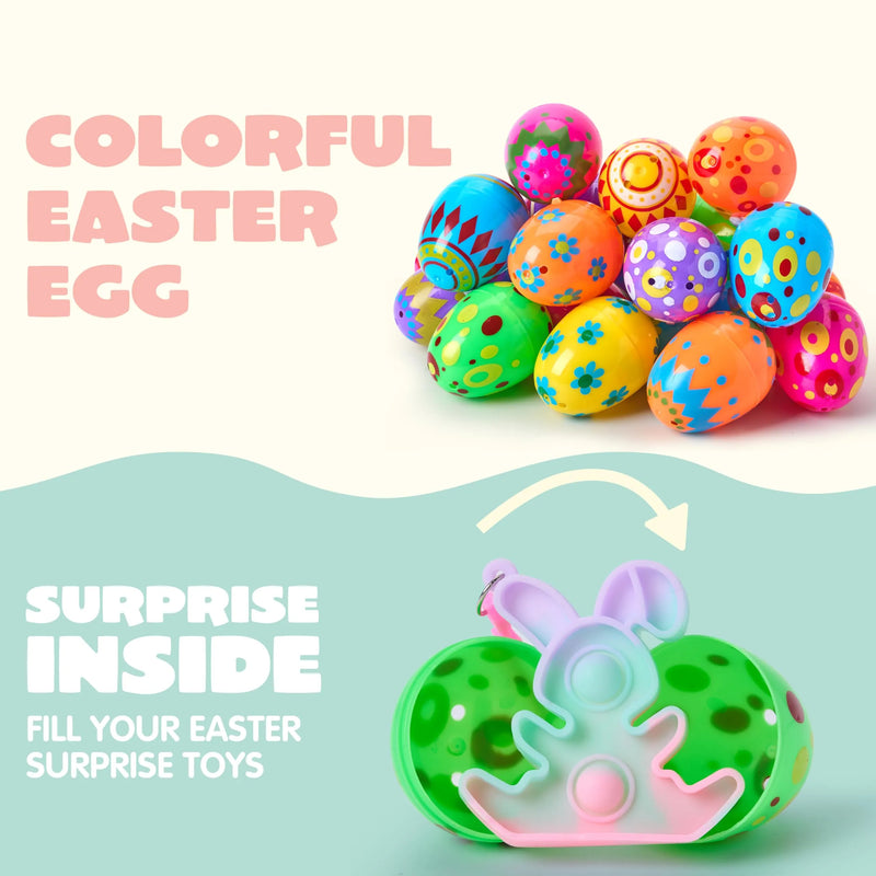 24Pcs Prefilled Printed Eggs with Pop Keychain Fidget for Easter Egg Hunt