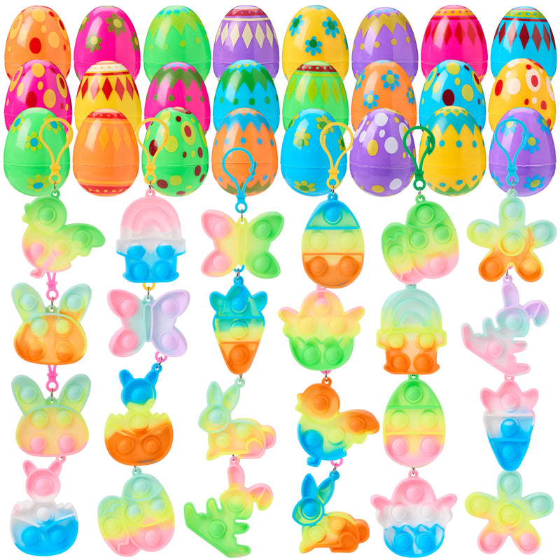 24Pcs Prefilled Printed Eggs with Pop Keychain Fidget for Easter Egg Hunt