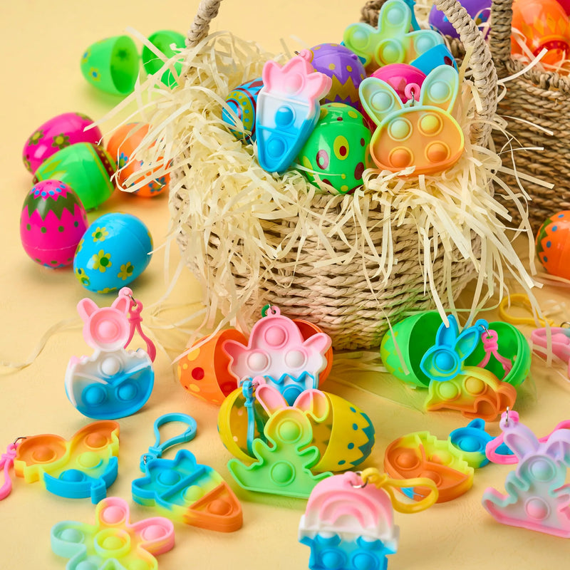 24Pcs Prefilled Printed Eggs with Pop Keychain Fidget for Easter Egg Hunt