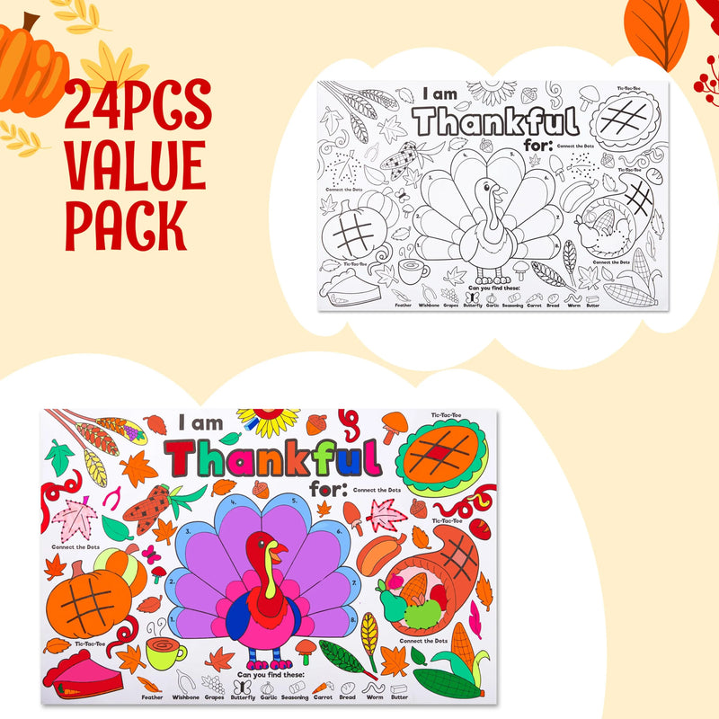 24Pcs Thanksgiving Turkey Coloring Placemats for Kids School Activities Party Decoration