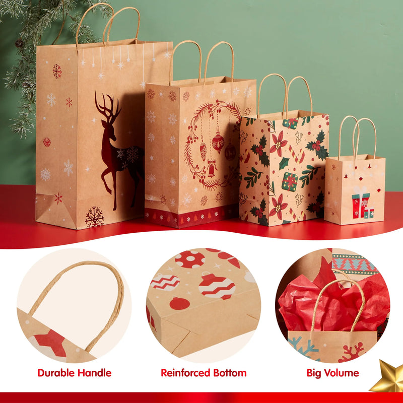 JOYIN 24 PCS Christmas Kraft Bags, Paper Gift Bags with Christmas