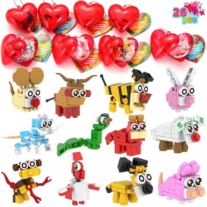 26pcs Building Blocks Animals Prefilled Hearts with Kids Valentines Cards