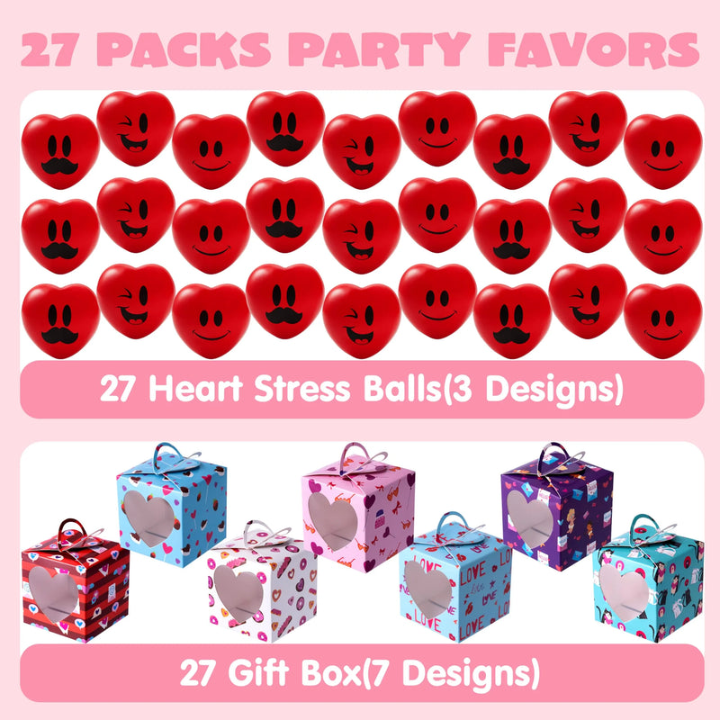 27Pcs Heart Shaped Squishy Balls with Valentines 3D Box